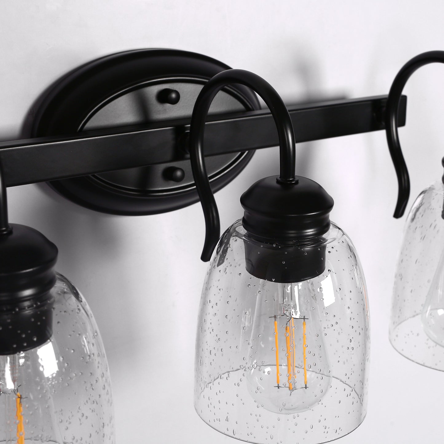 18.89 in. 3-Light Matte Black Modern Bathroom Vanity Light Mirror Wall Light with Black Accents and Seeded Glass Shade