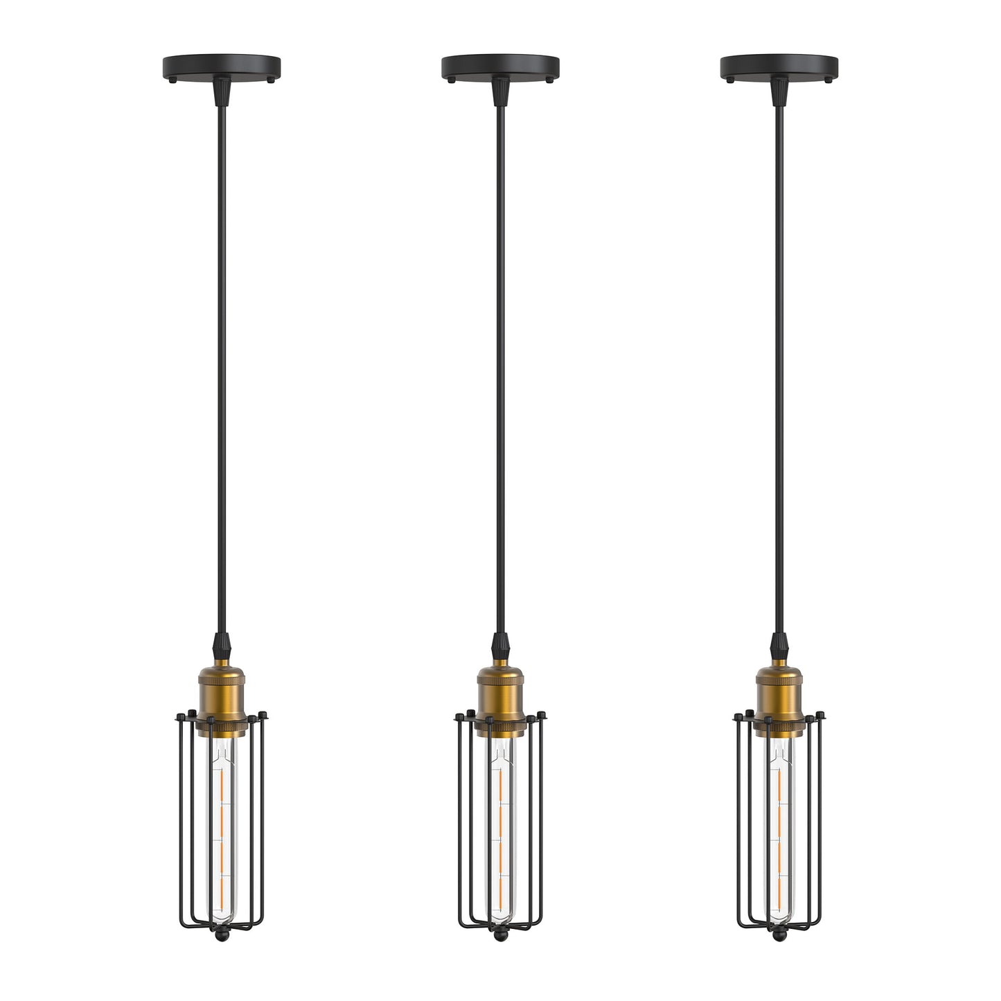 1-Light Black and Gold Caged Pendant Light For Foyer /Kitchen Island/Bar/Entryway-3PCS