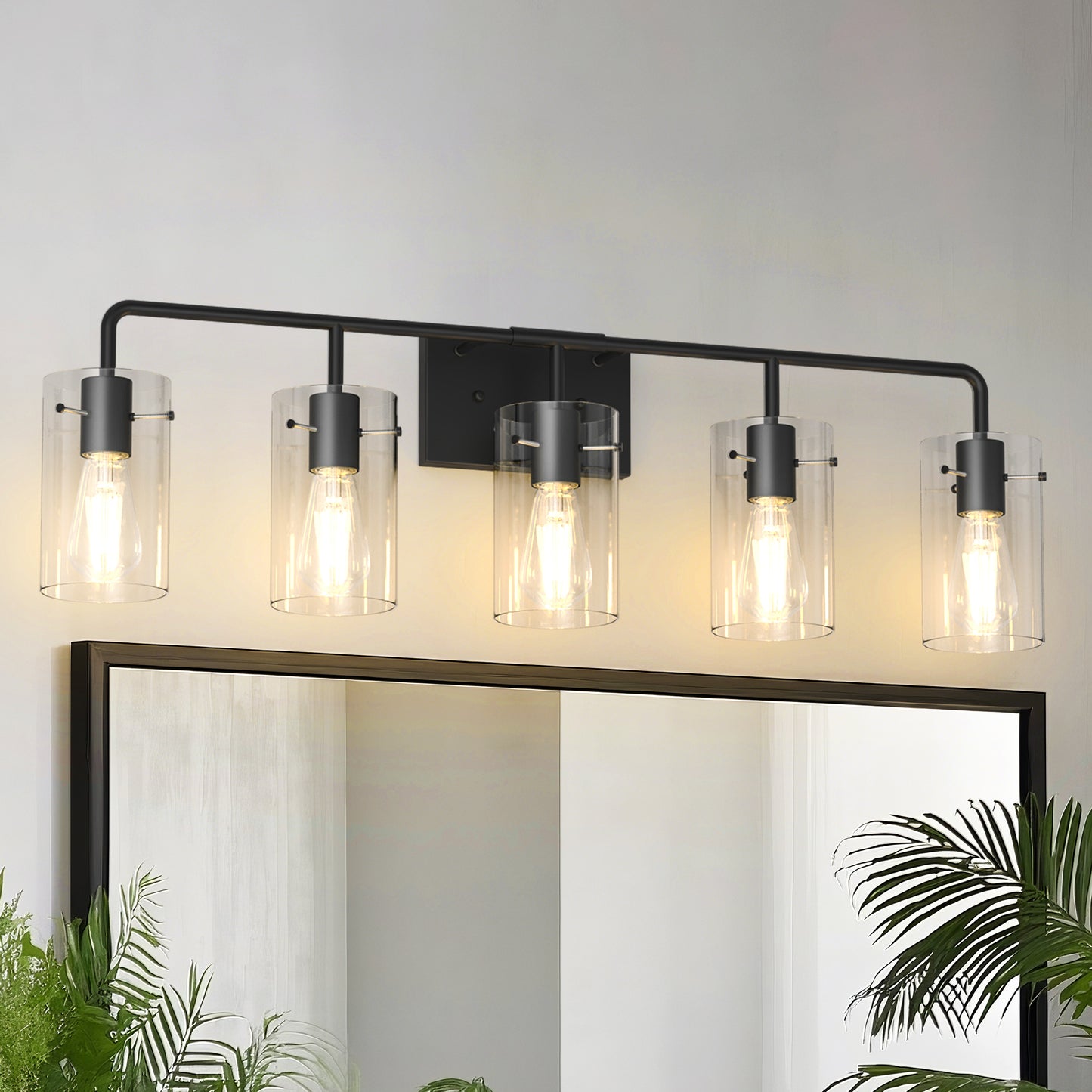 YANSUN 34 in.  5-Light Black Metal Vanity Light with Clear Glass Shade Bathroom Fixture for Modern Farmhouse Style Spaces