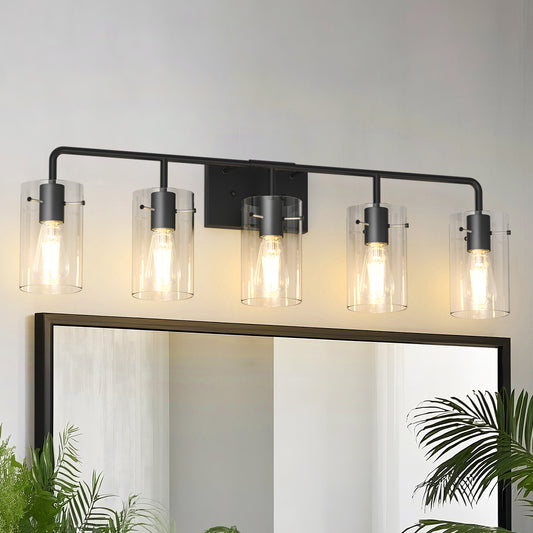 YANSUN 34 in.  5-Light Black Metal Vanity Light with Clear Glass Shade Bathroom Fixture for Modern Farmhouse Style Spaces