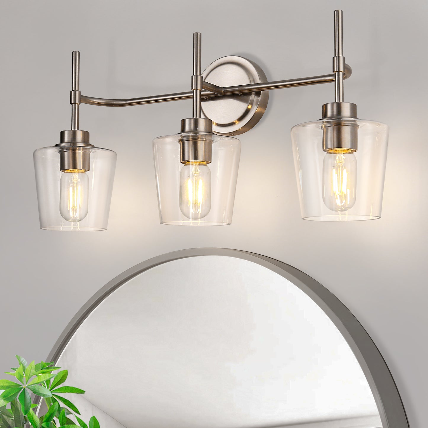 YANSUN 22 in. 3-Light Brushed Nickel Bathroom Vanity Light with Clear Glass Shades for Bathroom, Vanity, or Powder Room