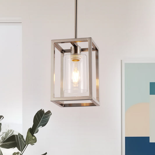 YANSUN 1-Light Brushed Nickel Kitchen Island Pendant Light with Down Rod Hanging Light Fixture with Clear Glass Shade