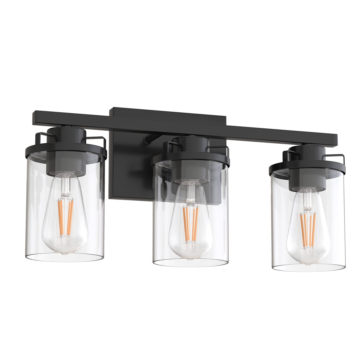 YANSUN 18 in. 3-Light Black Vanity Light with Cylinder Clear Glass Shade for Bathrooms Powder Rooms or Dressing Rooms