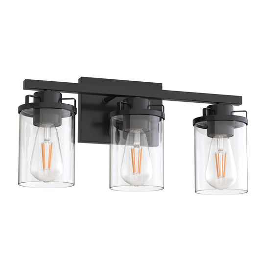 YANSUN 18 in. 3-Light Black Vanity Light with Cylinder Clear Glass Shade for Bathrooms Powder Rooms or Dressing Rooms