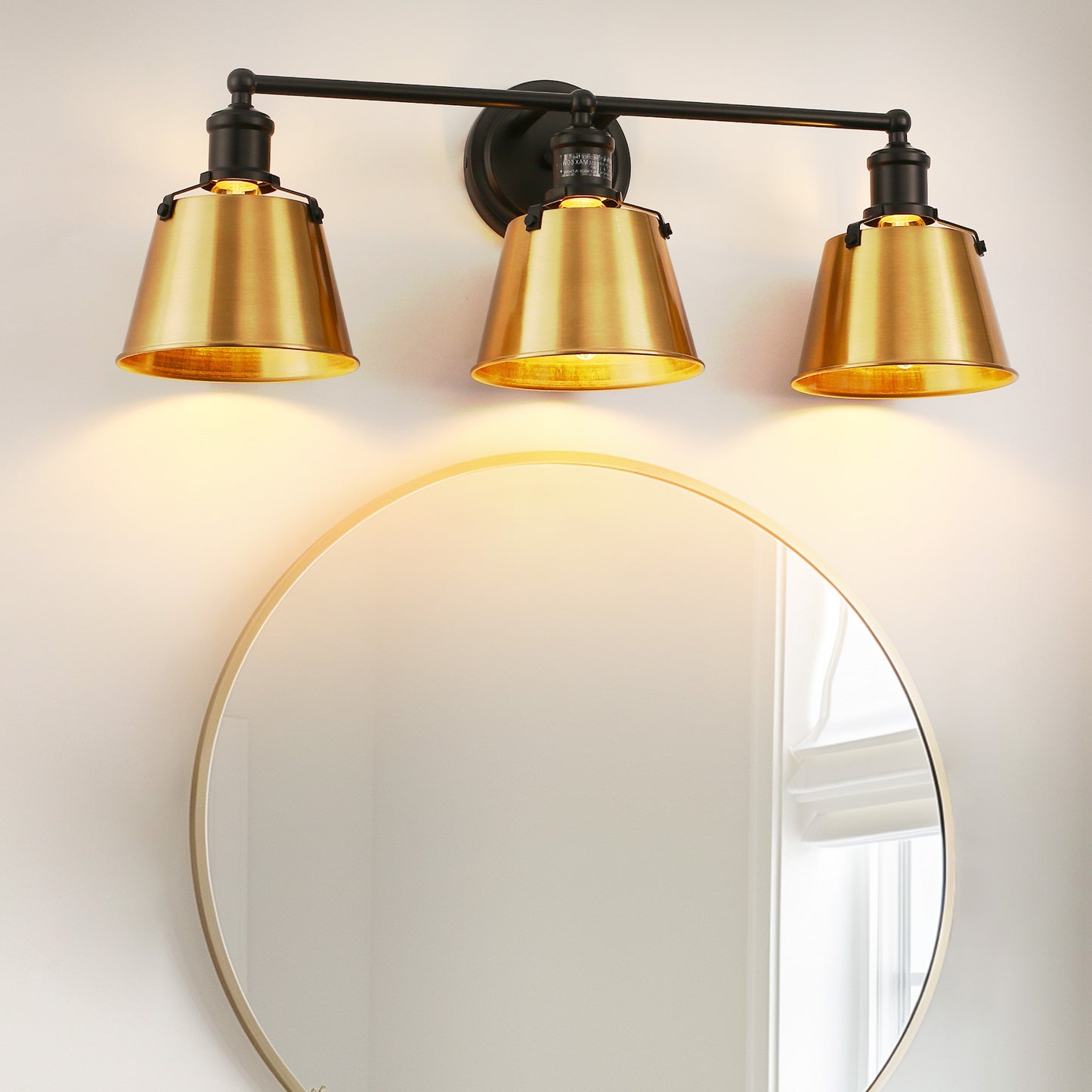 YANSUN 24 in. 3-Light Black and Gold Modern Bell Vanity Light for Bathroom Mirror with Metal Shades