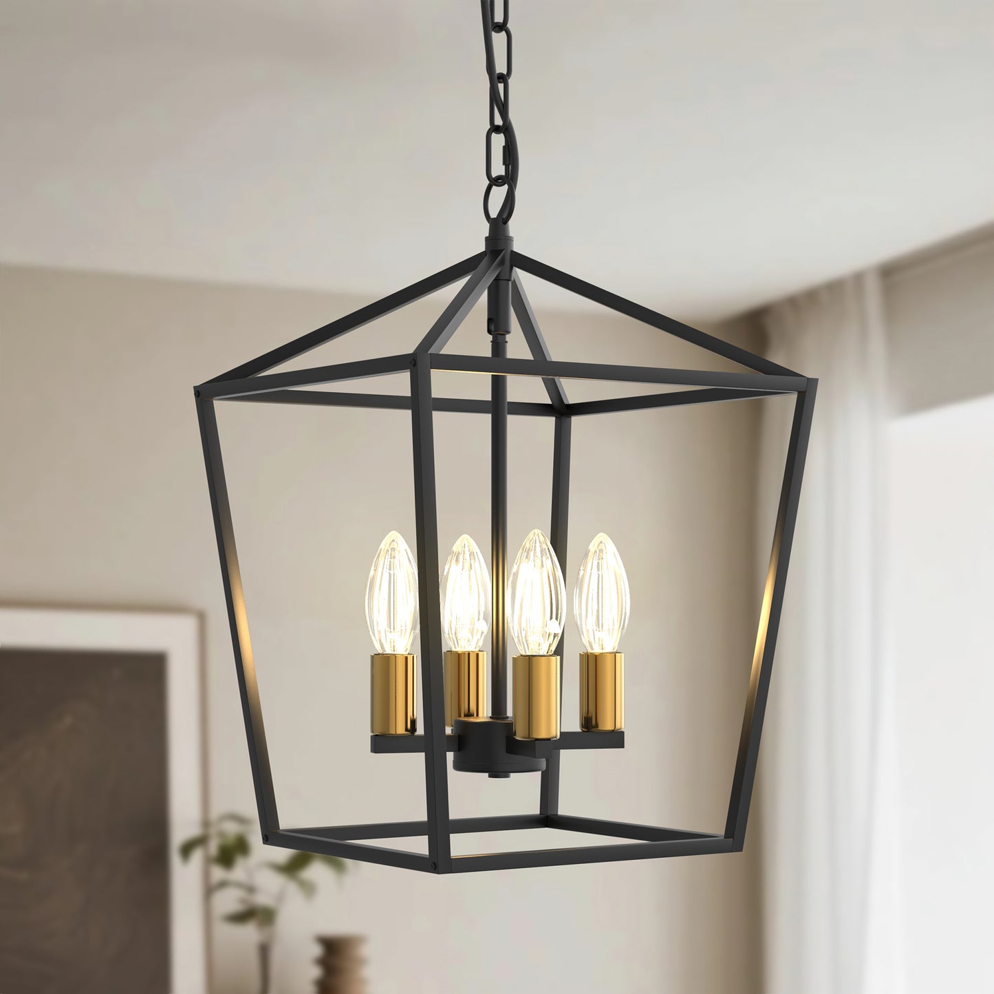 YANSUN 4-Head Pendant Light, American Vintage Farmhouse Style, Non-Integrated Light Source, No Bulbs Included, Birdcage Design, Black and Gold Finish, E12 Base