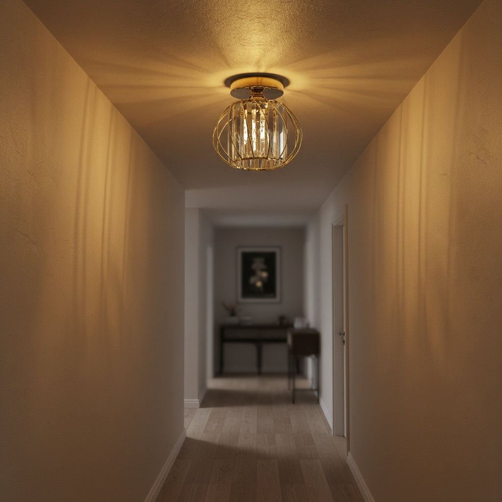 YANSUN 7.1 In. 1-Light Gold Semi-Flush Mount Ceiling Light with Crystal Shade Fixture with E26 Bas for Hallway or Bedroom