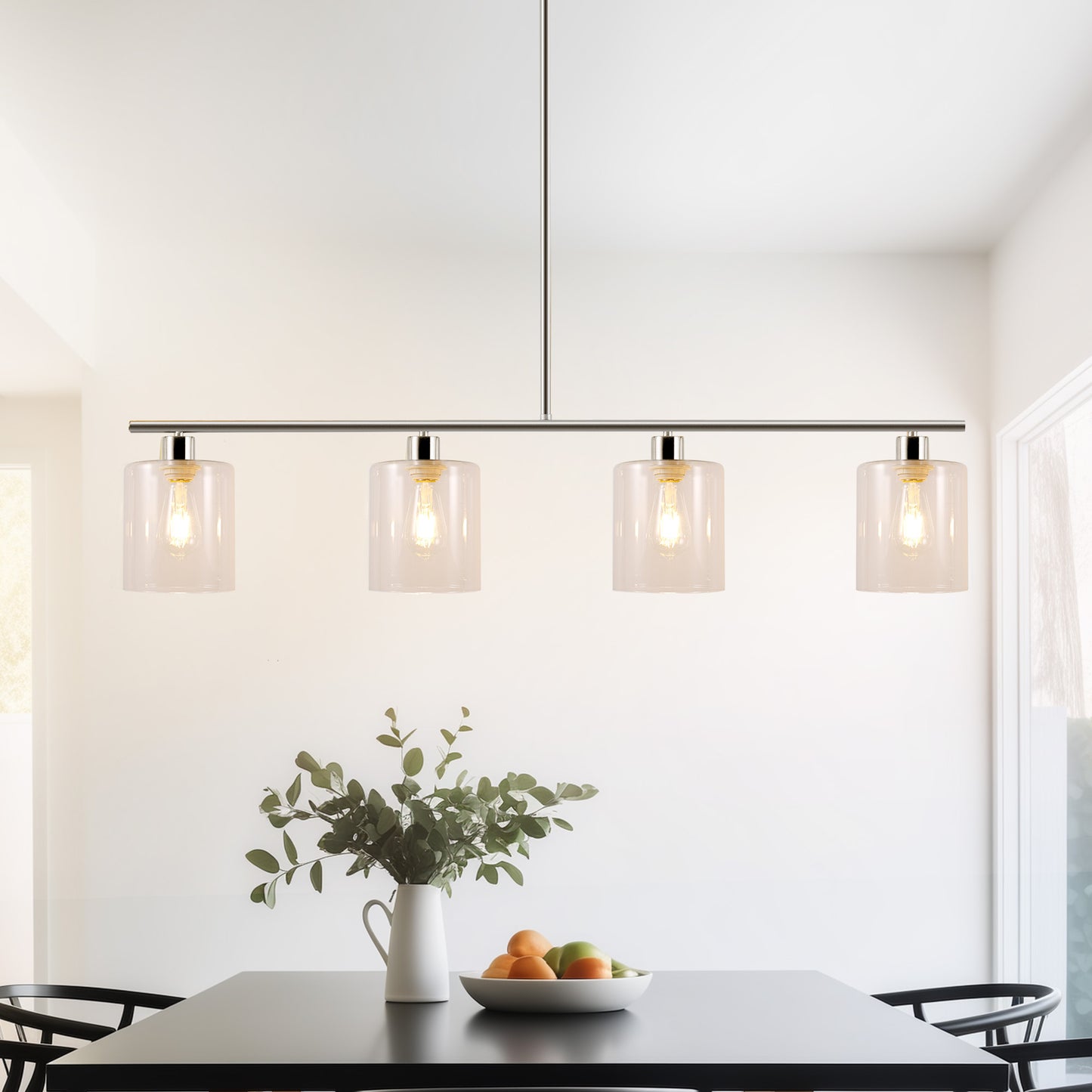 YANSUN 4-Light Brushed Nickel Modern Island Pendant Light Fixtures, Linear Chandelier Hanging Light with Clear Glass Shade