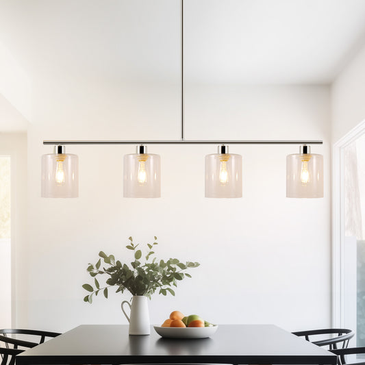 YANSUN 4-Light Brushed Nickel Modern Island Pendant Light Fixtures, Linear Chandelier Hanging Light with Clear Glass Shade