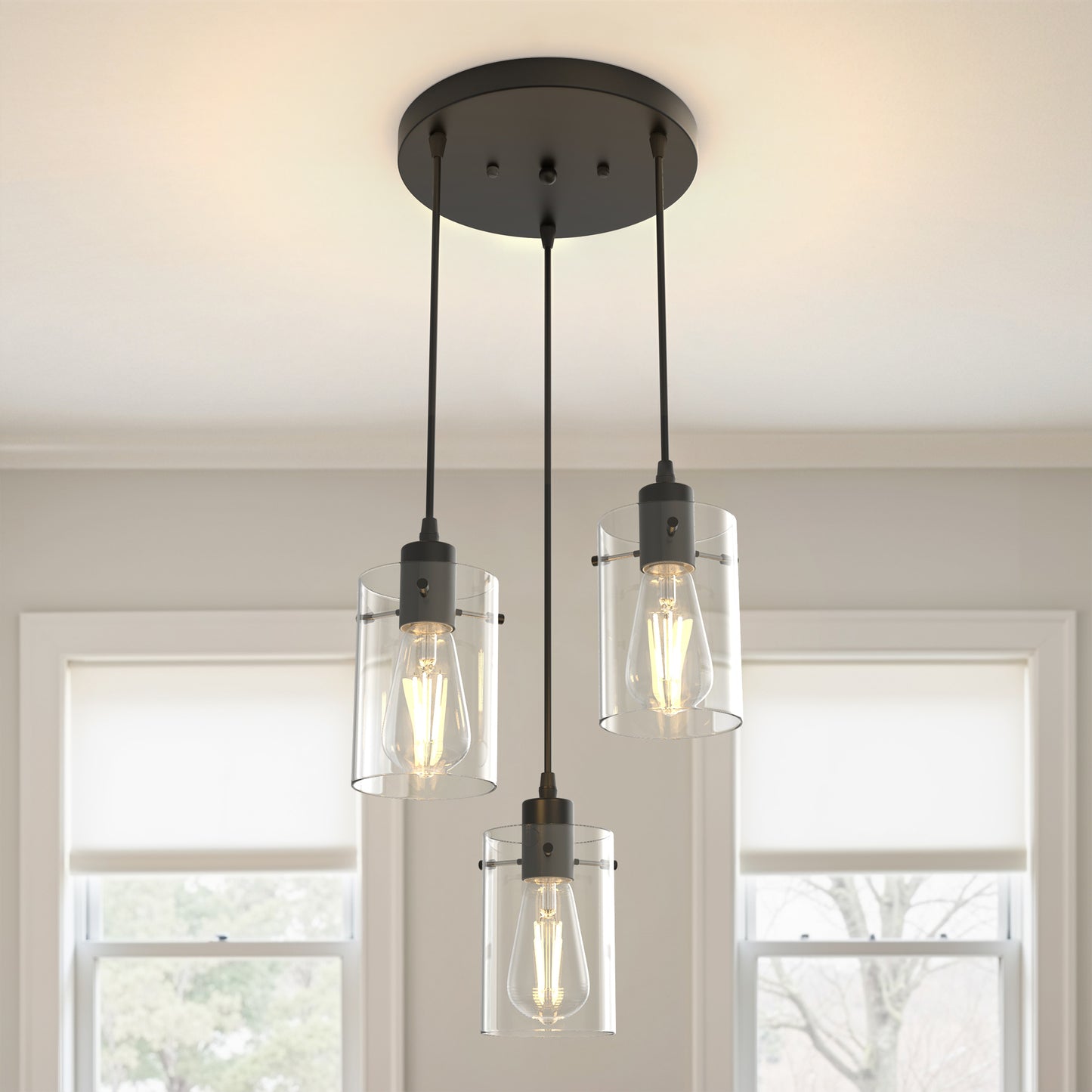 YANSUN 3-Light Espresso Vintage Cluster Hanging Ceiling light Fixture Pendant with Clear Glass Shade for Kitchen Dining Room