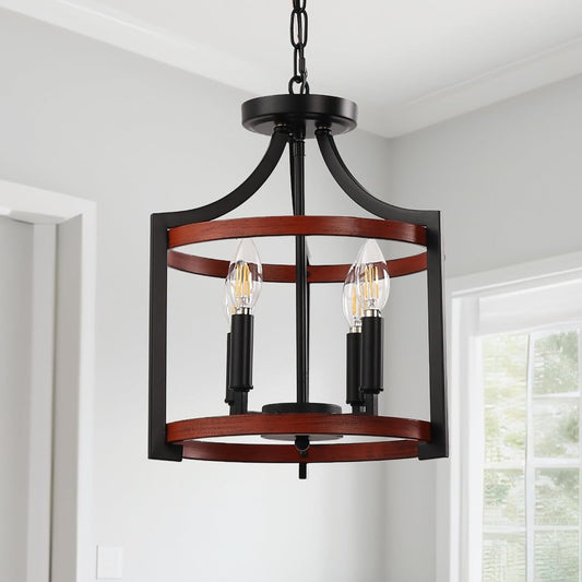 YANSUN 4-Light Black and Wood Drum Pendant Light, Convertible Semi Flush Mount Ceilingfor Dining Room,Bedroom, Foyer, Entryway