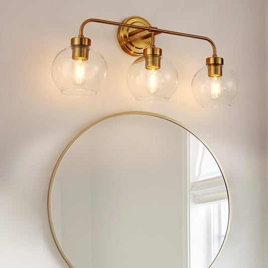 YANSUN 24 in. 3-Light Mid-Century Modern Globe Bathroom Vanity Light, Brass Gold Round Wall Fixture with Clear Glass Shades