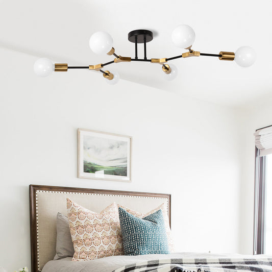 YANSUN 35 in. 6-Light Black and Gold Modern Sputnik Semi-Flush Mount, Mini Chandelier for Bedroom Living Room Hallway