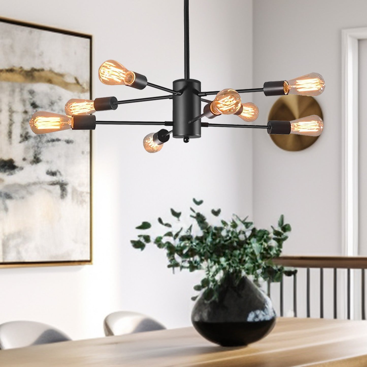 YANSUN 8-Light Modern Linear Chandelier - 2-Tier Vintage Black Pendant Light for Living Room