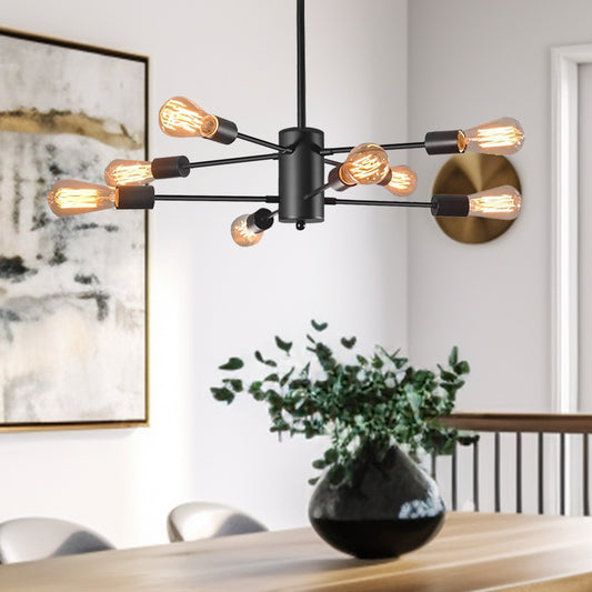 YANSUN 8-Light Modern Linear Chandelier - 2-Tier Vintage Black Pendant Light for Living Room