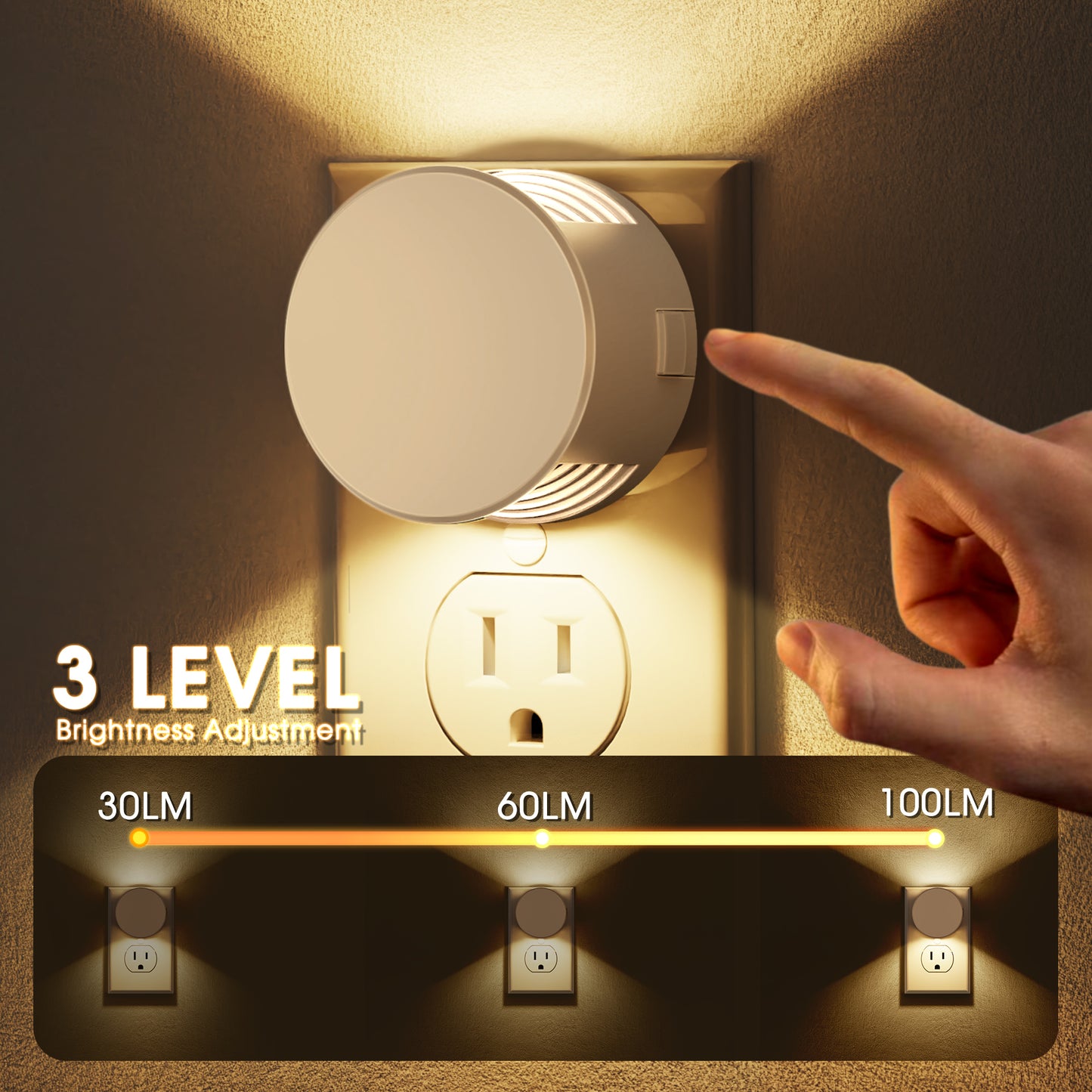 YANSUN 1-Watt Integrated LED Plug-In Round Wall-Like Night Light, Amber 3000K, Button Adjustable, Dusk to Dawn, 2-Pack