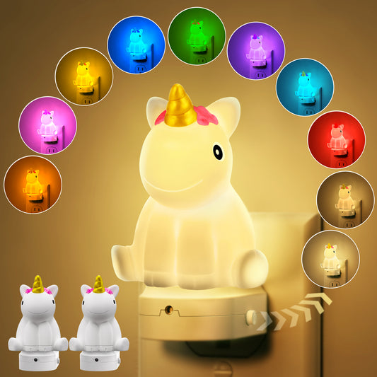 YANSUN 0.5-Watt Integrated LED Plug-In Unicorn Night Light, Color Changing, Button Adjustable, Light Sensor, 2-Pack
