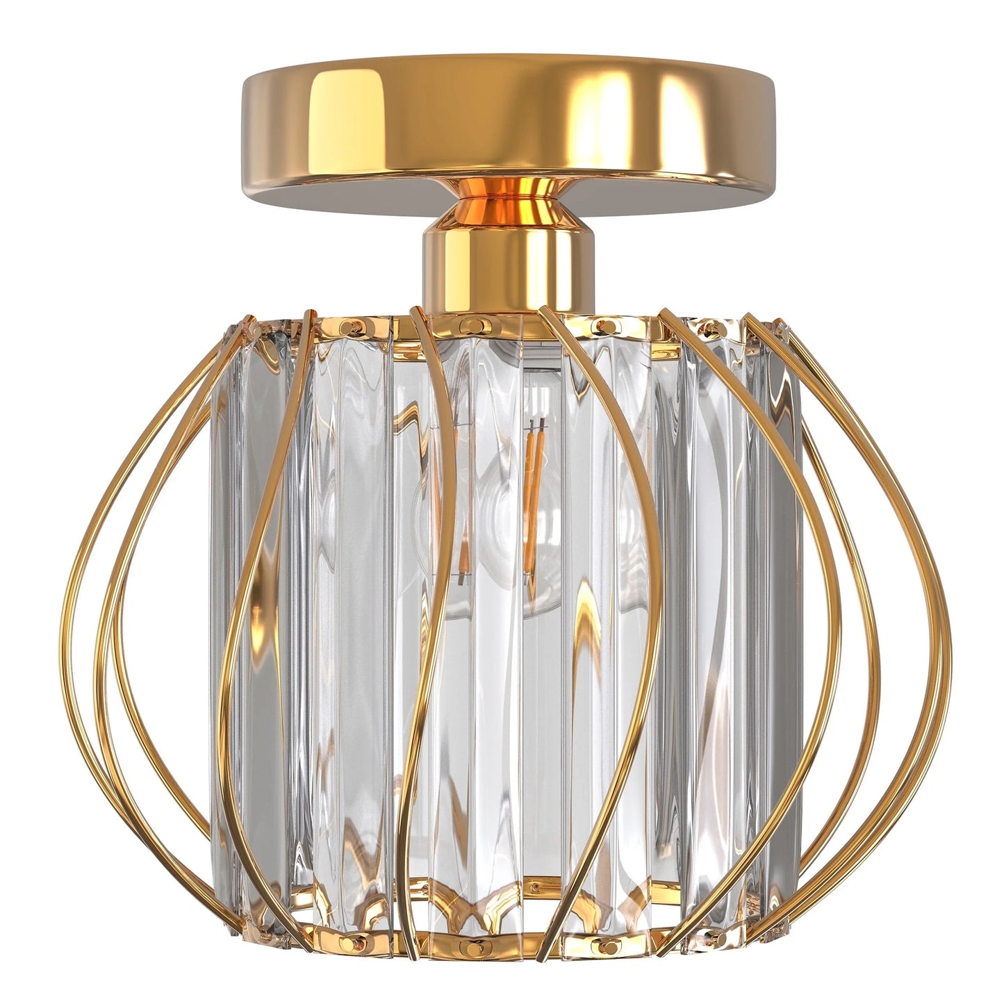 Golden Semi Flush Mount Ceiling Light K9 Crystal Industrial Metal Cage Ceiling Lamp Fixture Modern Ceiling Lighting for Hallway Porch Kitchen Bathroom