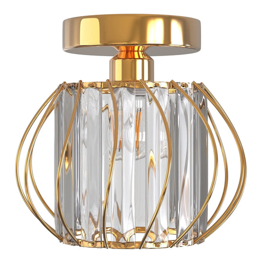 Golden Semi Flush Mount Ceiling Light K9 Crystal Industrial Metal Cage Ceiling Lamp Fixture Modern Ceiling Lighting for Hallway Porch Kitchen Bathroom