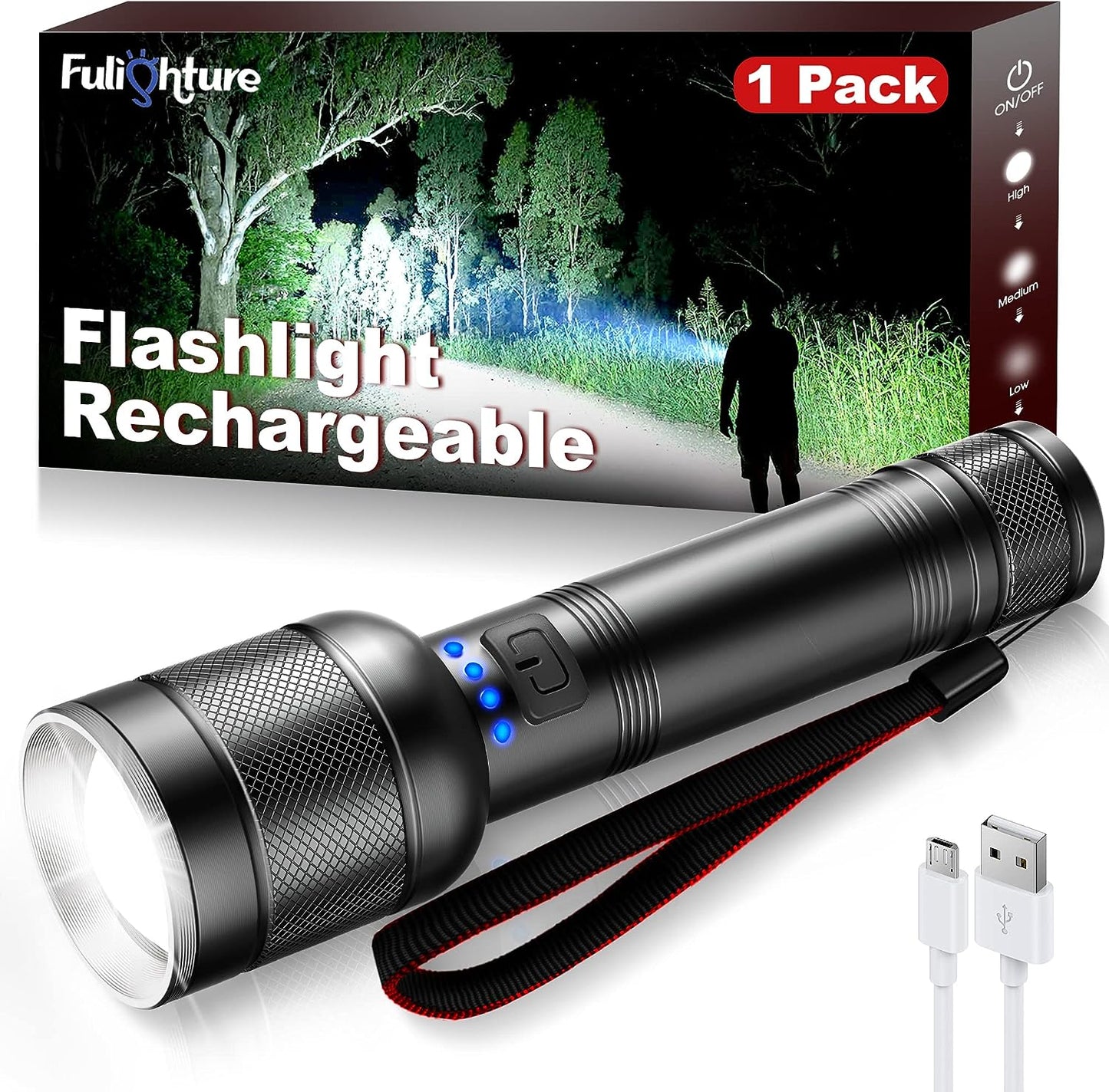 2000 Lumen Rechargeable LED Flashlight with Zoomable, 4 Modes, and Water Resistant, Ideal for Camping, Emergence(2-Pack)