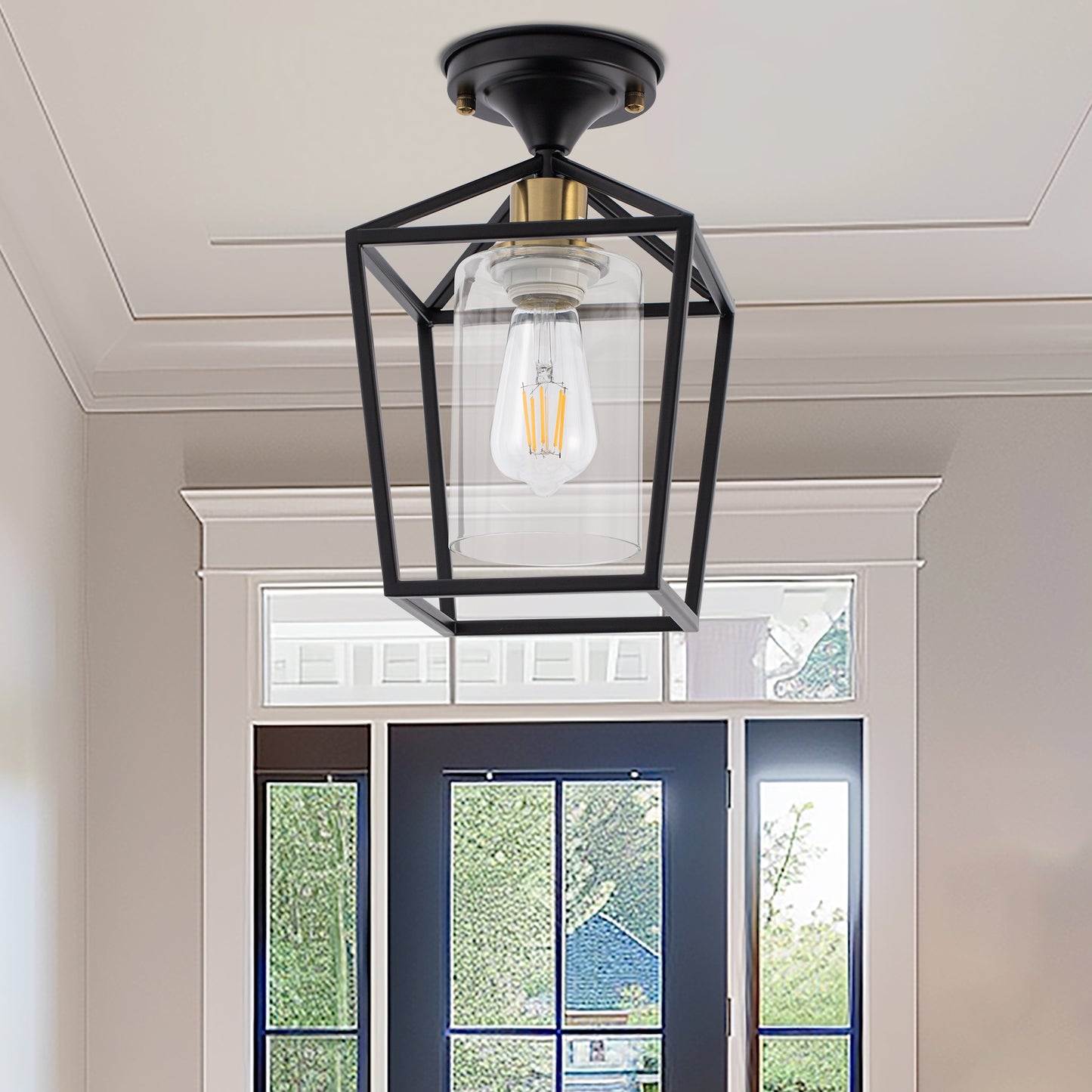 7 in. 1-Light Black Gold Semi Flush Mount Ceiling Light,Farmhouse Retro Cage Kitchen Lighting Fixtures with Glass Shade