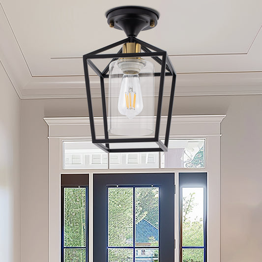 7 in. 1-Light Black Gold Semi Flush Mount Ceiling Light,Farmhouse Retro Cage Kitchen Lighting Fixtures with Glass Shade