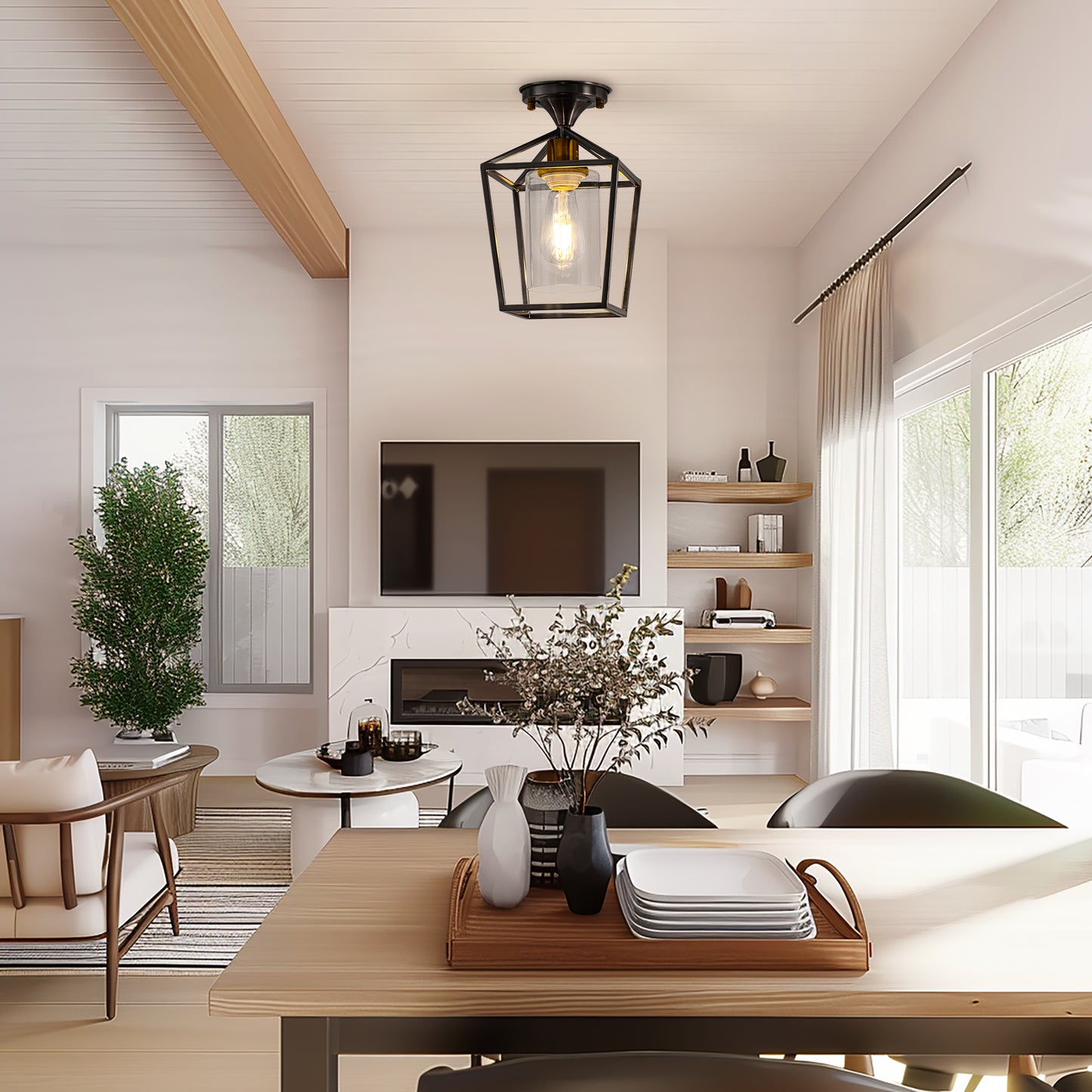 7 in. 1-Light Black Gold Semi Flush Mount Ceiling Light,Farmhouse Retro Cage Kitchen Lighting Fixtures with Glass Shade