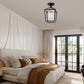 7 in. 1-Light Black Gold Semi Flush Mount Ceiling Light,Farmhouse Retro Cage Kitchen Lighting Fixtures with Glass Shade