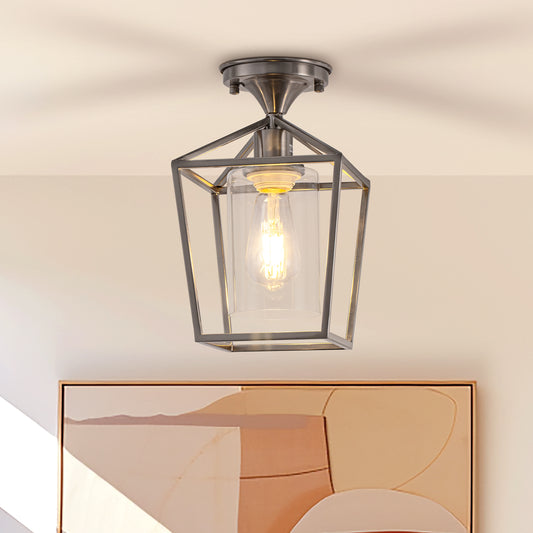 7 in. 1-Light Nickel Semi Flush Mount Ceiling Light, Farmhouse Retro Cage Kitchen Lighting Fixtures with Glass Shade