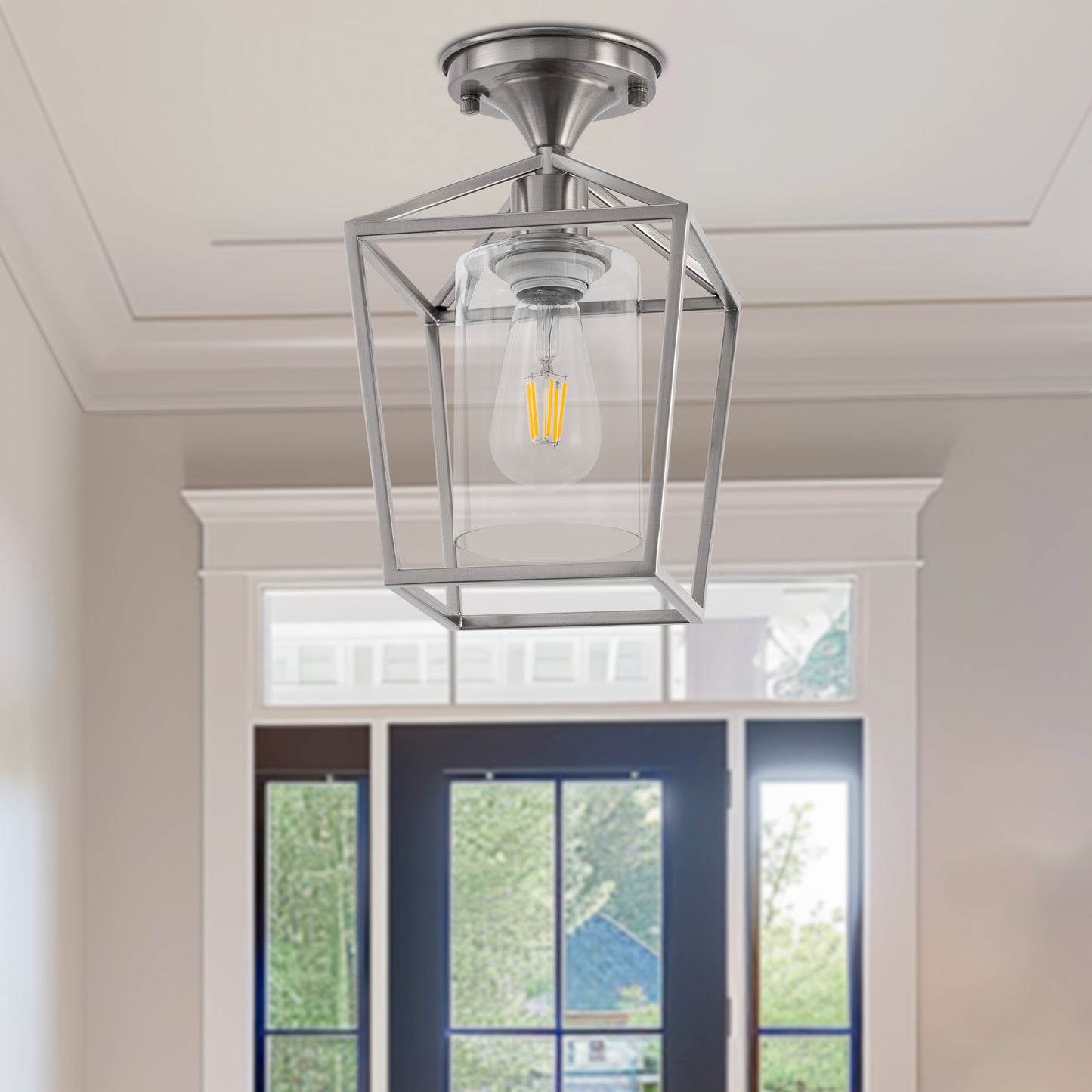 7 in. 1-Light Nickel Semi Flush Mount Ceiling Light, Farmhouse Retro Cage Kitchen Lighting Fixtures with Glass Shade