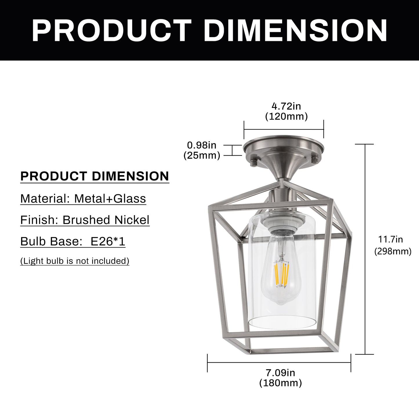 7 in. 1-Light Nickel Semi Flush Mount Ceiling Light, Farmhouse Retro Cage Kitchen Lighting Fixtures with Glass Shade