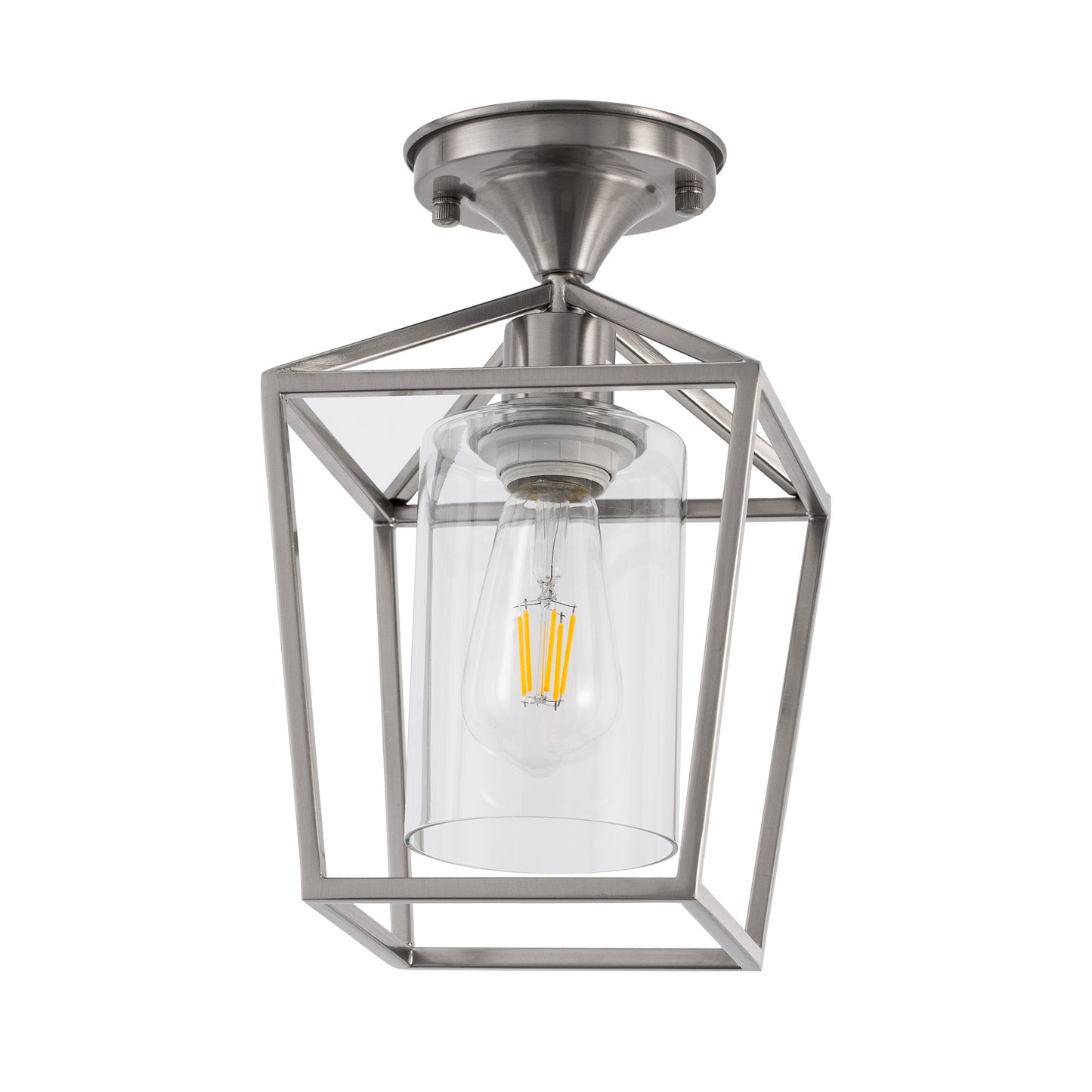 7 in. 1-Light Nickel Semi Flush Mount Ceiling Light, Farmhouse Retro Cage Kitchen Lighting Fixtures with Glass Shade