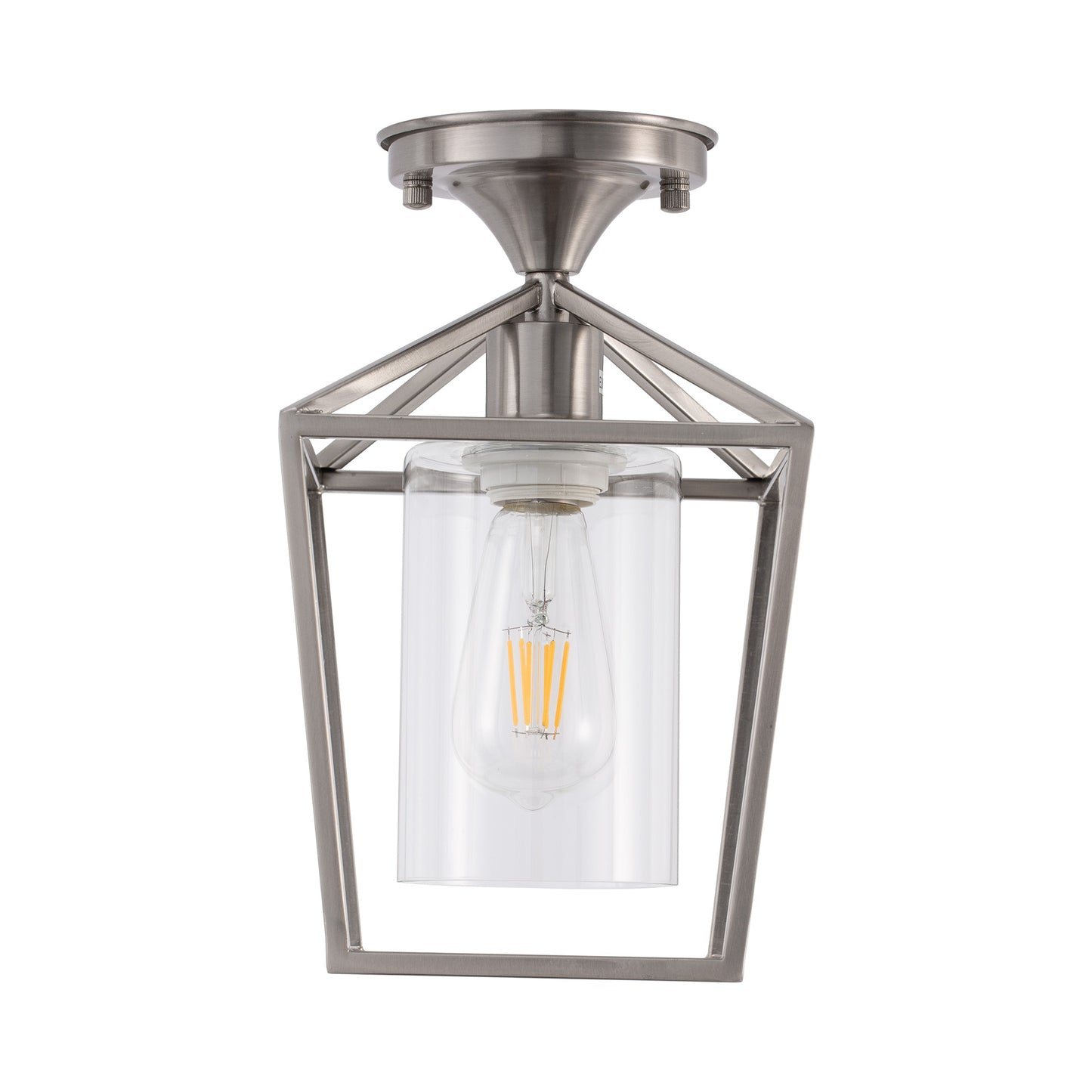7 in. 1-Light Nickel Semi Flush Mount Ceiling Light, Farmhouse Retro Cage Kitchen Lighting Fixtures with Glass Shade