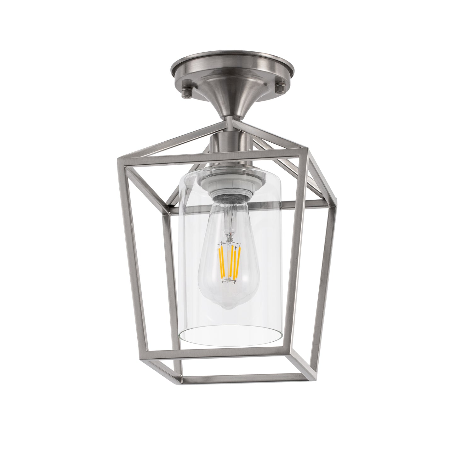7 in. 1-Light Nickel Semi Flush Mount Ceiling Light, Farmhouse Retro Cage Kitchen Lighting Fixtures with Glass Shade