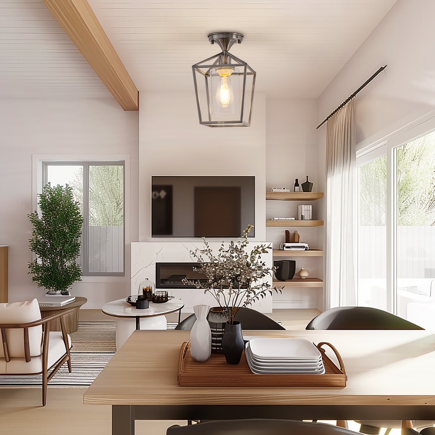 7 in. 1-Light Nickel Semi Flush Mount Ceiling Light, Farmhouse Retro Cage Kitchen Lighting Fixtures with Glass Shade