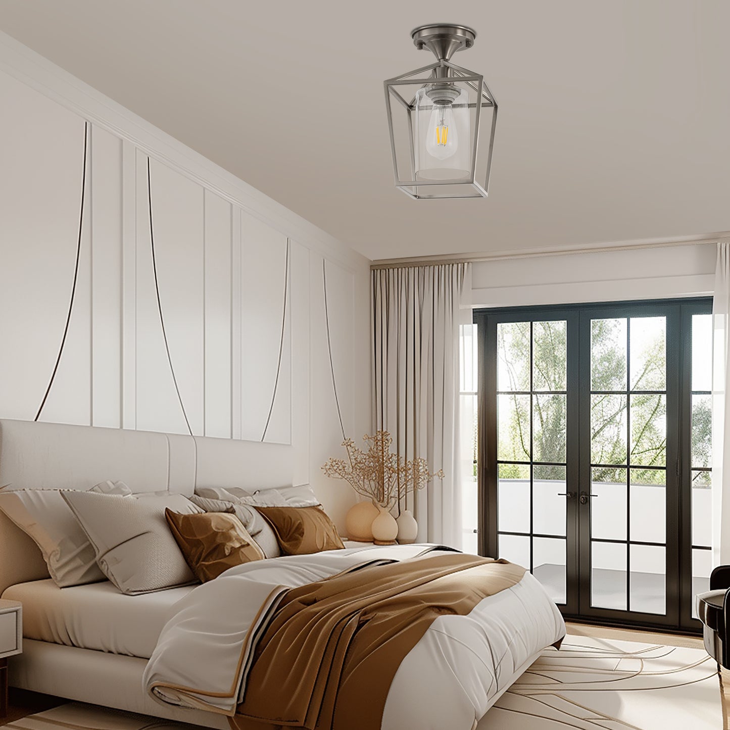 7 in. 1-Light Nickel Semi Flush Mount Ceiling Light, Farmhouse Retro Cage Kitchen Lighting Fixtures with Glass Shade