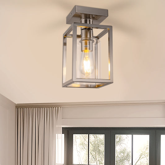 Nickel 1-Light Farmhouse Cage Semi Flush Mount Ceiling Light with Glass Shade for Living Room, Bedroom, Entryway