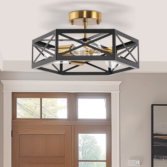 15 in. 3-Light Black Gold Flush Mount Modern Ceiling Light, Hallway Light Fixtures Ceiling Mount