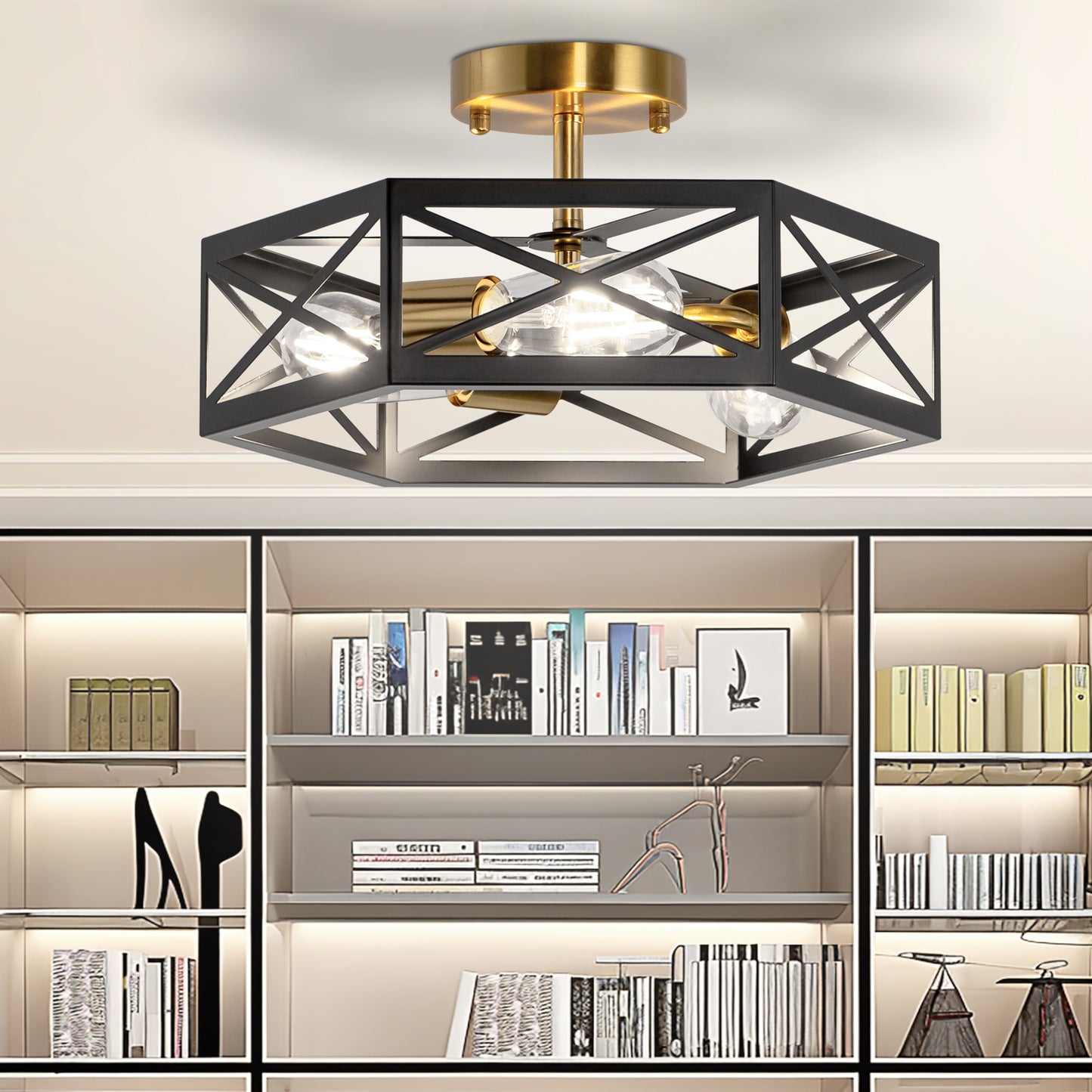 15 in. 3-Light Black Gold Flush Mount Modern Ceiling Light, Hallway Light Fixtures Ceiling Mount