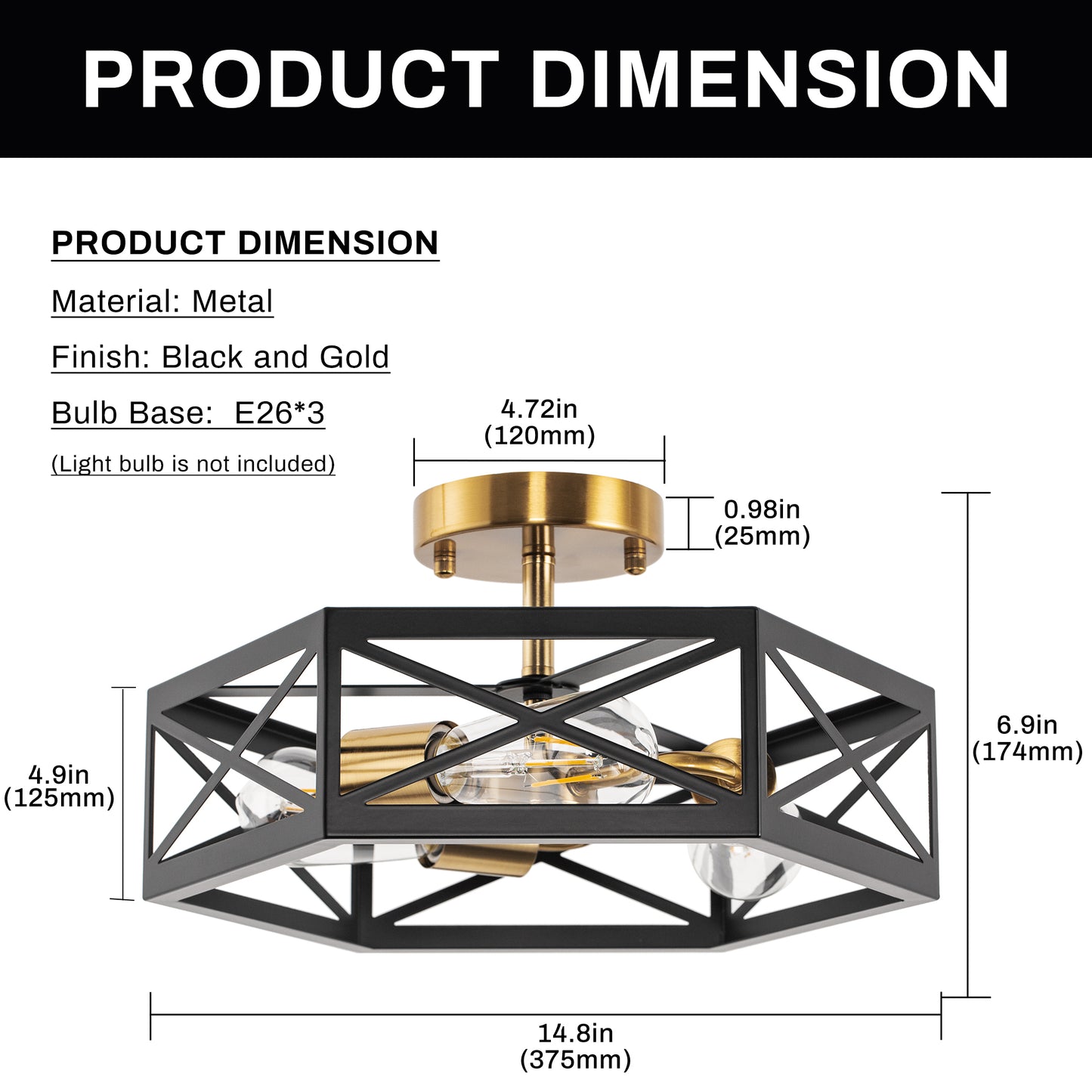 15 in. 3-Light Black Gold Flush Mount Modern Ceiling Light, Hallway Light Fixtures Ceiling Mount