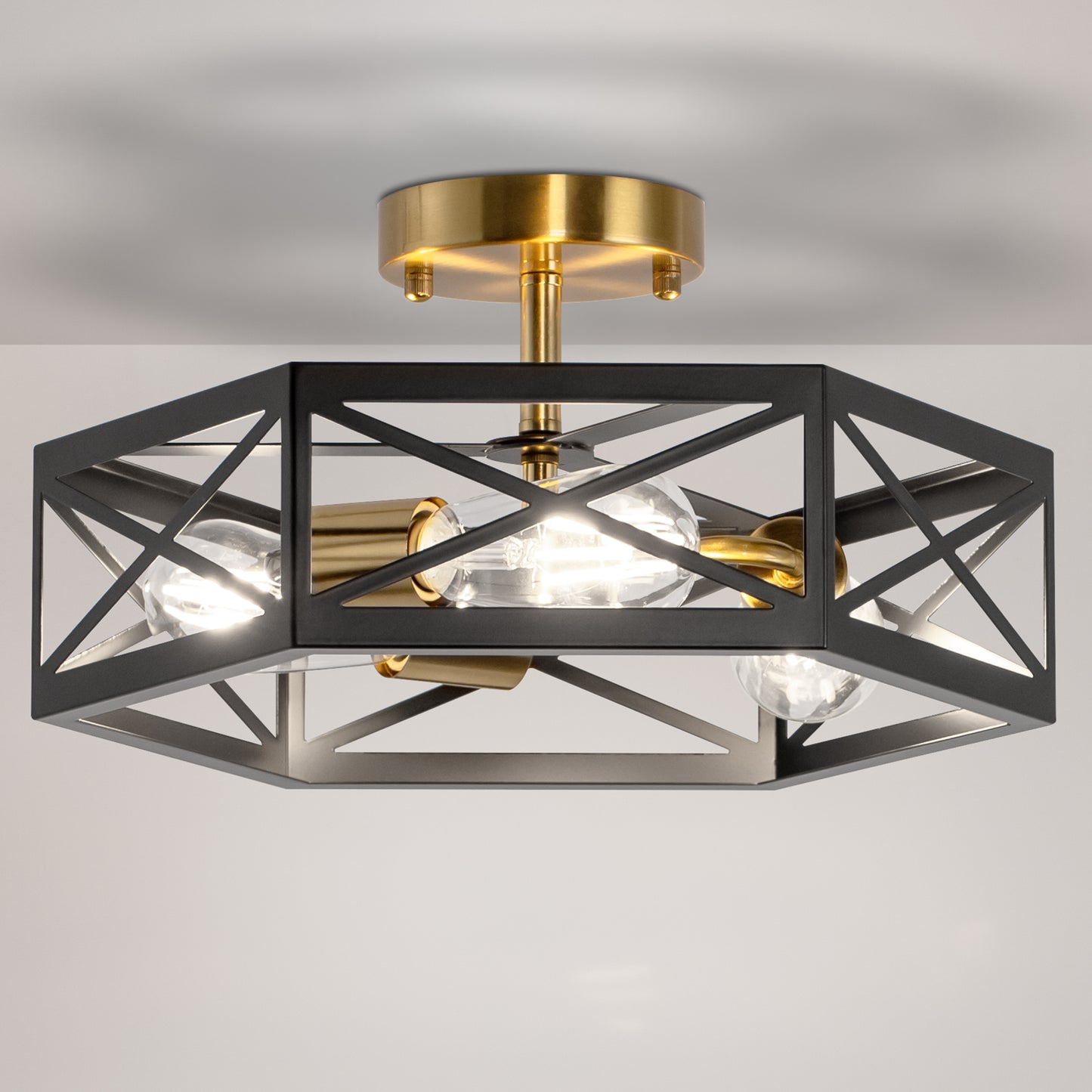 15 in. 3-Light Black Gold Flush Mount Modern Ceiling Light, Hallway Light Fixtures Ceiling Mount