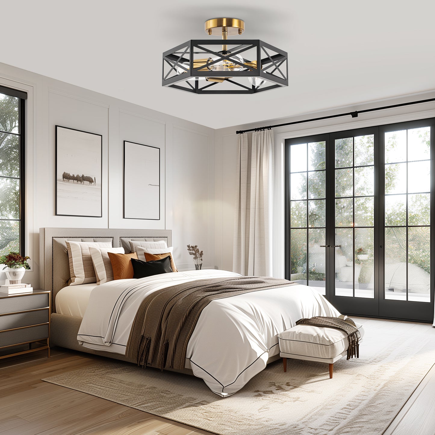 15 in. 3-Light Black Gold Flush Mount Modern Ceiling Light, Hallway Light Fixtures Ceiling Mount