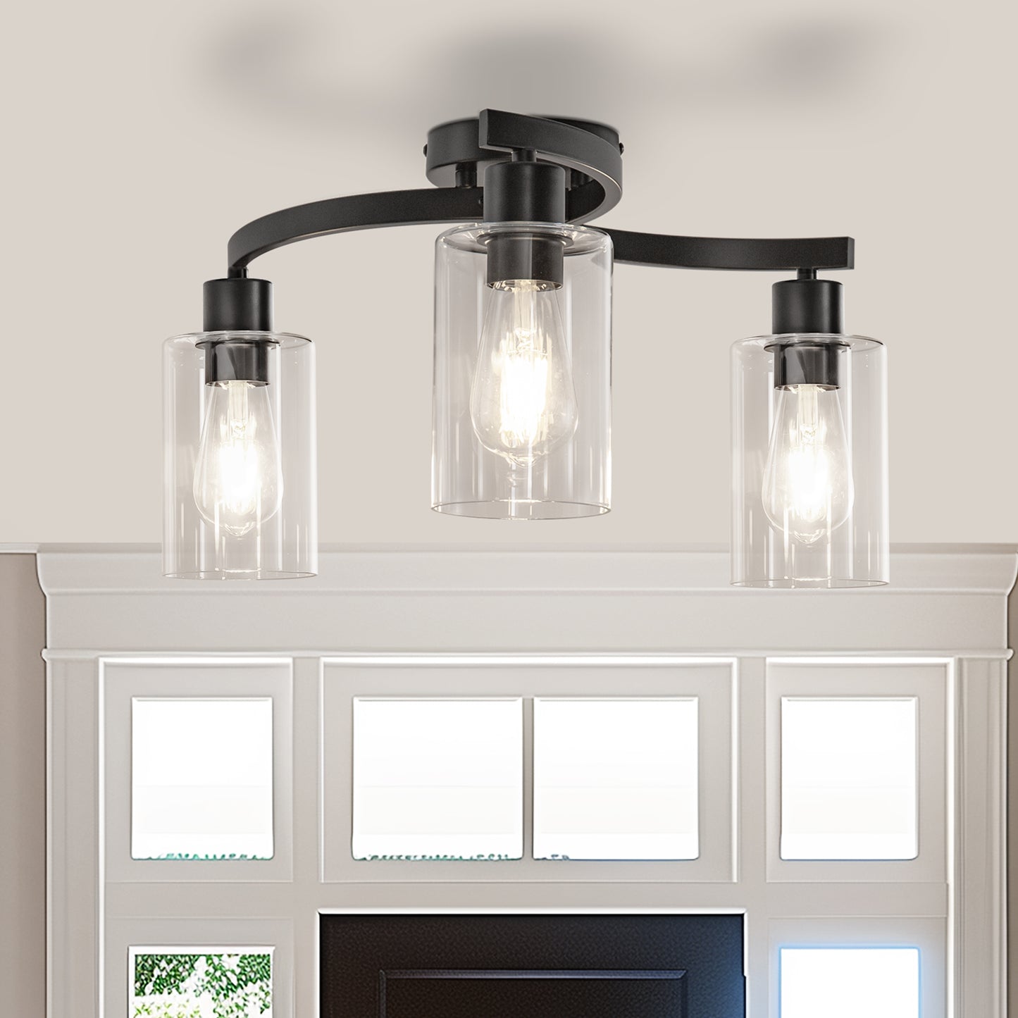 11.8 in. 3-Light Semi-Flush Mount Ceiling Light, Matte Black Bedroom Light Fixtures with Clear Glass Shades