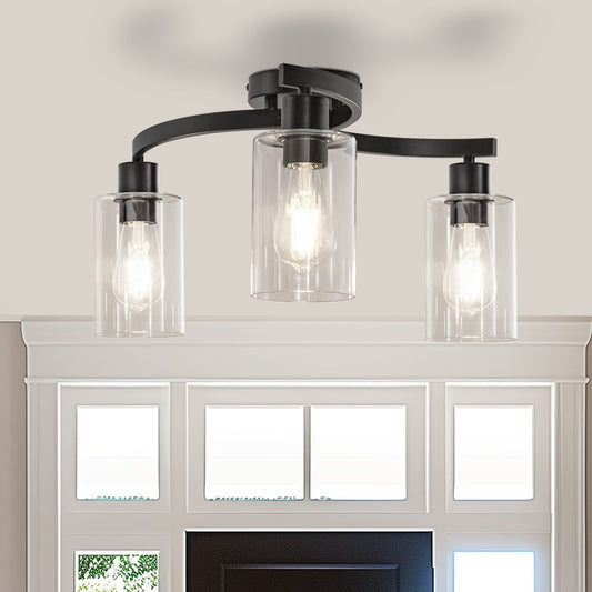 11.8 in. 3-Light Semi-Flush Mount Ceiling Light, Matte Black Bedroom Light Fixtures with Clear Glass Shades