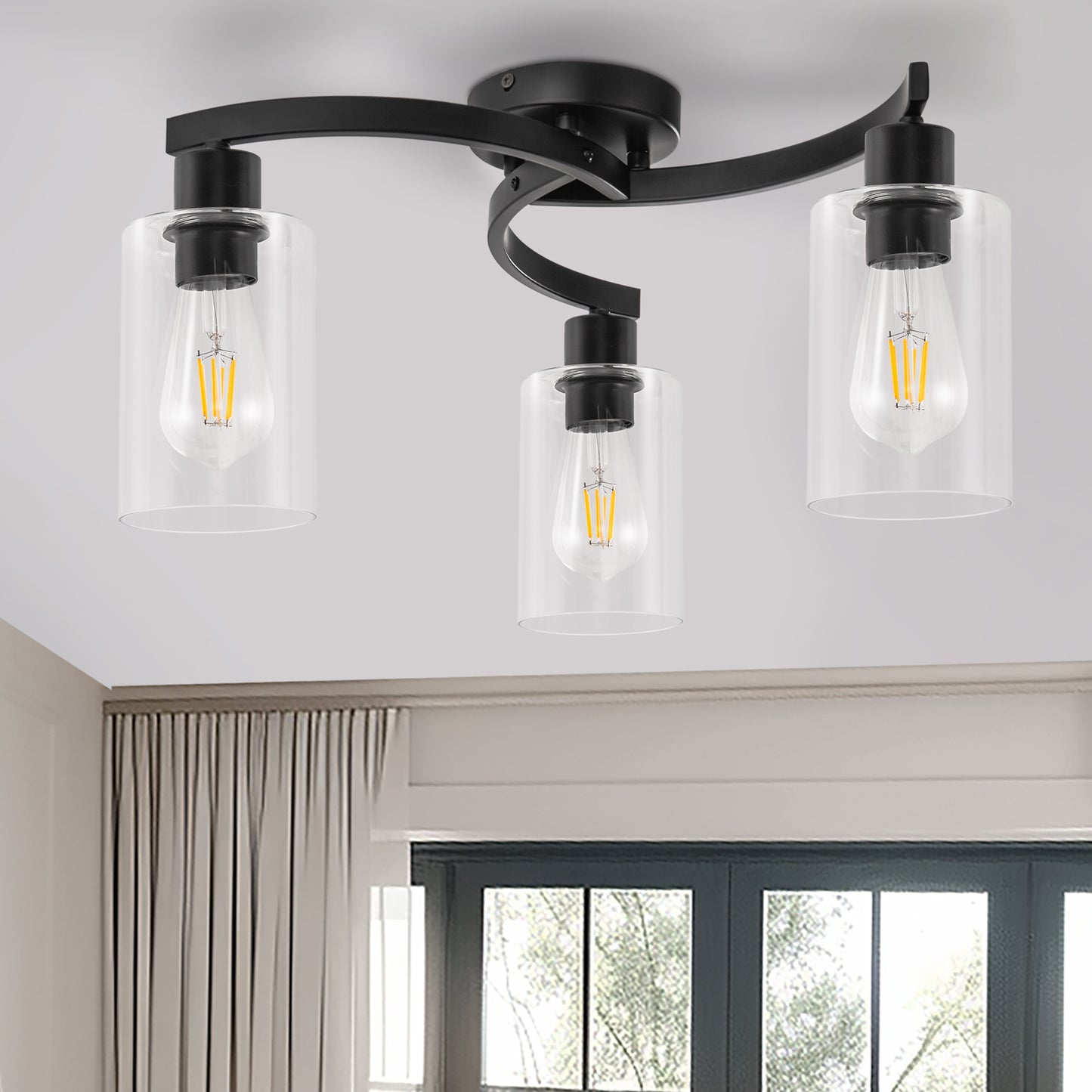 11.8 in. 3-Light Semi-Flush Mount Ceiling Light, Matte Black Bedroom Light Fixtures with Clear Glass Shades