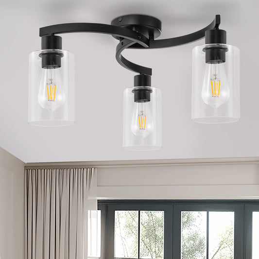 11.8 in. 3-Light Semi-Flush Mount Ceiling Light, Matte Black Bedroom Light Fixtures with Clear Glass Shades
