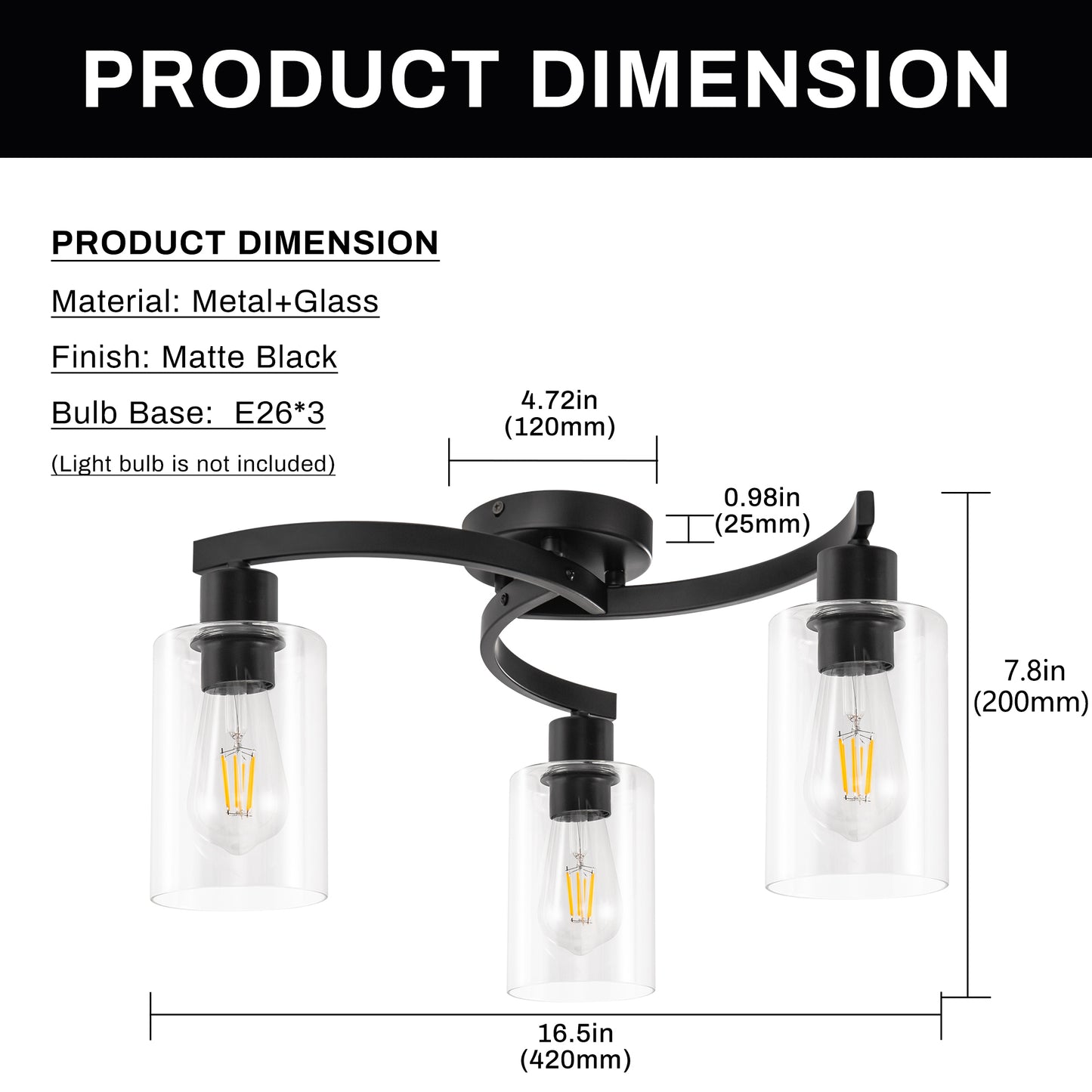 11.8 in. 3-Light Semi-Flush Mount Ceiling Light, Matte Black Bedroom Light Fixtures with Clear Glass Shades
