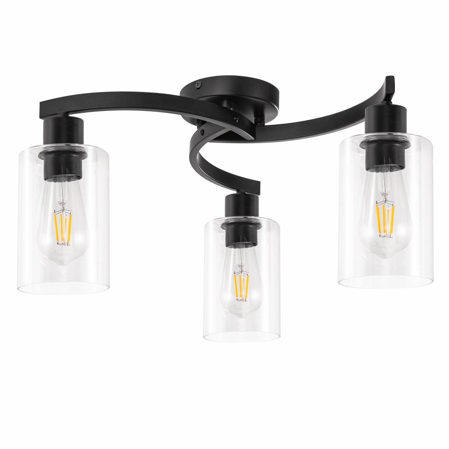 11.8 in. 3-Light Semi-Flush Mount Ceiling Light, Matte Black Bedroom Light Fixtures with Clear Glass Shades