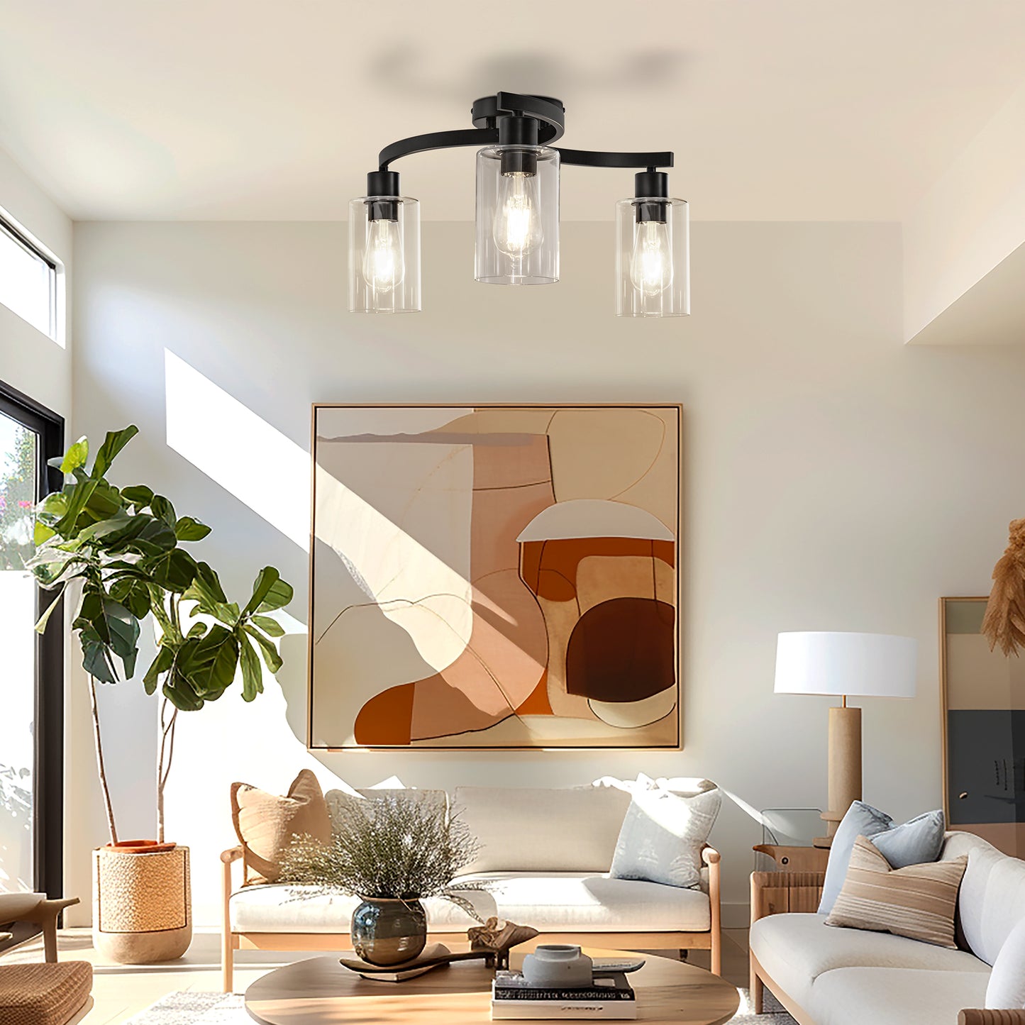 11.8 in. 3-Light Semi-Flush Mount Ceiling Light, Matte Black Bedroom Light Fixtures with Clear Glass Shades