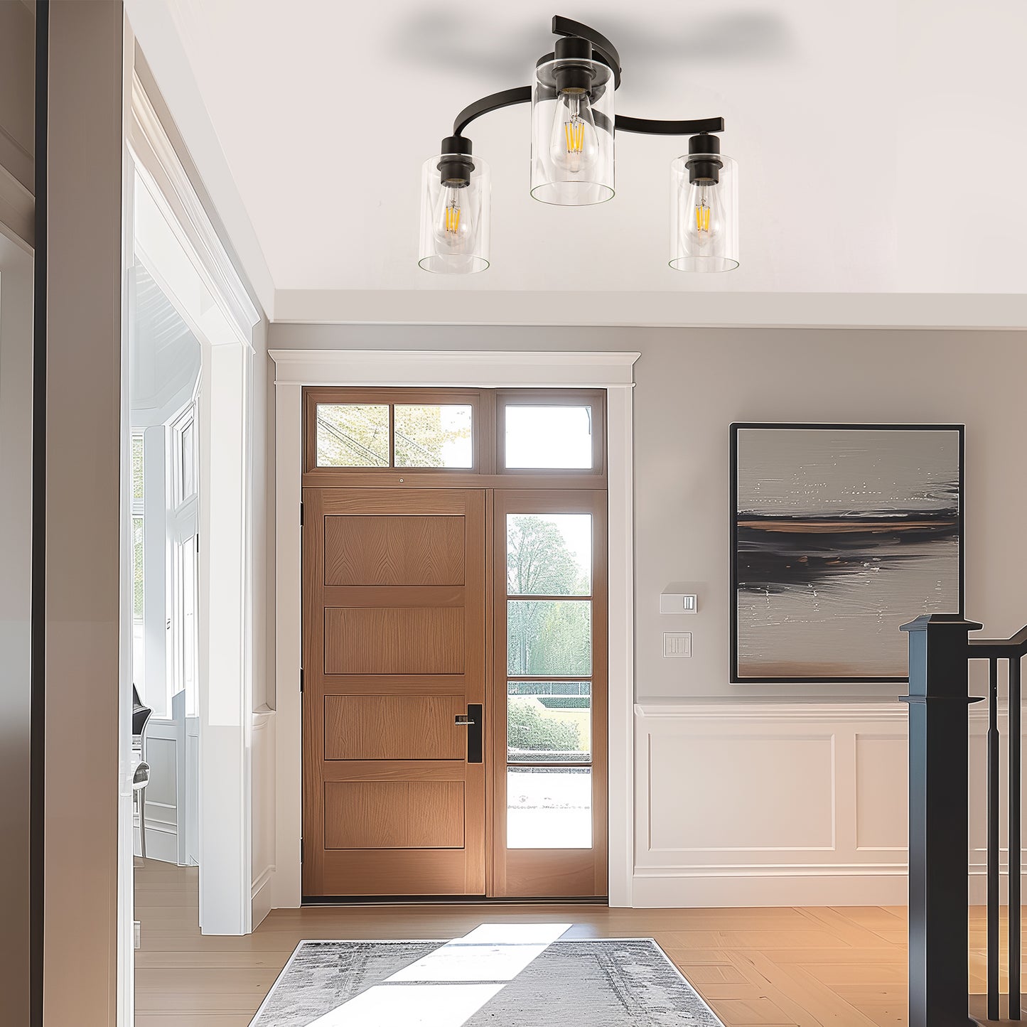 11.8 in. 3-Light Semi-Flush Mount Ceiling Light, Matte Black Bedroom Light Fixtures with Clear Glass Shades